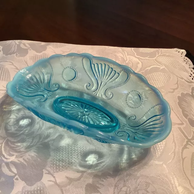 Blue Opalescent Relish Dish Jefferson Glass Jewel And Fan Antique