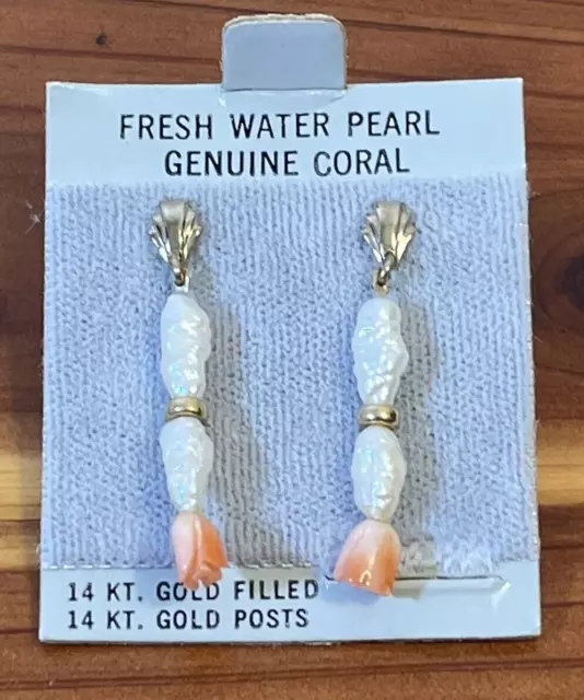 Freshwater Pearls Genuine Coral 14 KT Gold Filled Pierced Earrings Dangle Drop