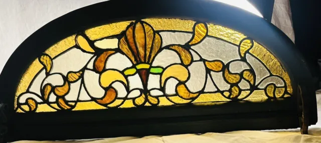Antique Leaded and Stained Glass Lunette Window - Fleur de Lys
