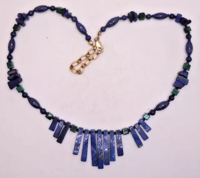 Lapis & Malachite bead & fringe style necklace with gold filled clasp extension