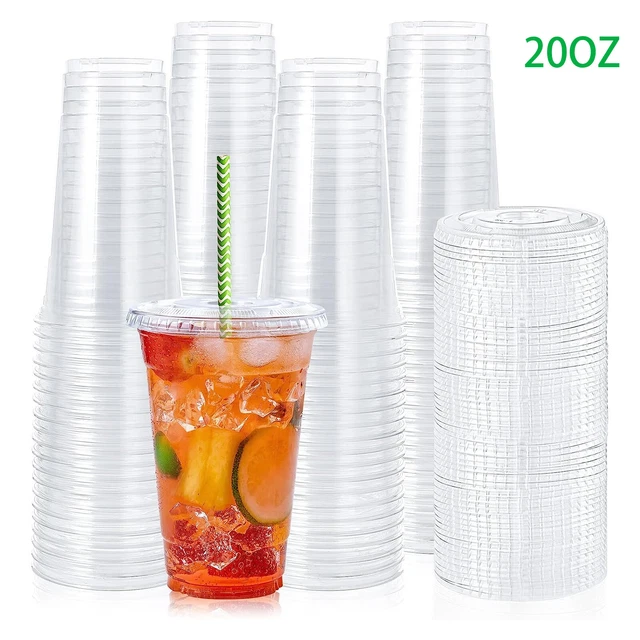 [100 PACK] 20 Oz Clear Plastic Cups with Strawless Sip Lids, Disposable