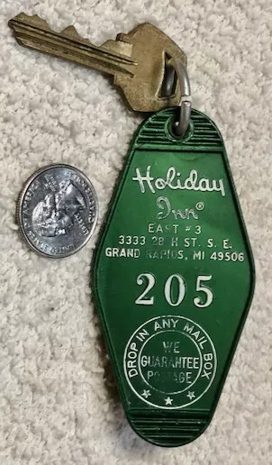 Vintage Hotel Motel Room Key and Fob HOLIDAY INN Room 205, GRAND RAPIDS, MI.