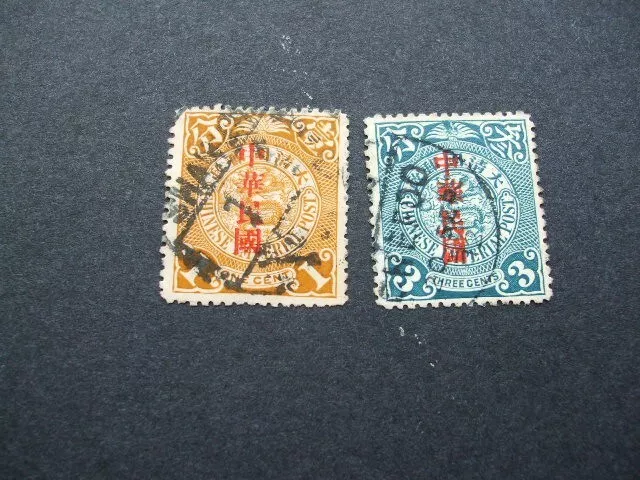 China 1898 -1910 Coiling Dragon Used 1c & 3c Stamps With Overprints