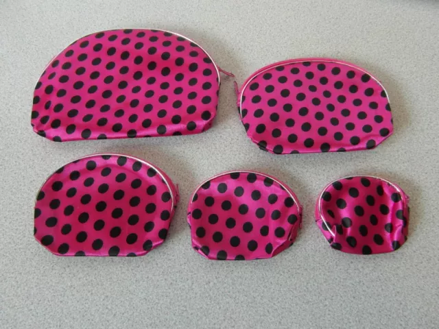 Set of 5 Make Up Bags in a Vibrant Pink with Black Polka Dots - Never Been Used