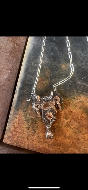 Vintage Sterling $ 10k Silver Saddle Pendant Paper Clip Chain Moveable Stirrup