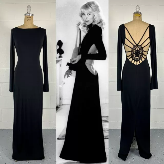 Vintage 90s Does 70s Glamour Black Slinky Knit Backless Gown Crochet Spiderweb S