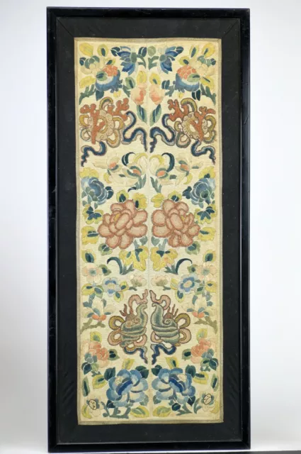 Antique Chinese Embroidery Silk Sleeve Panel Framed Under Glass