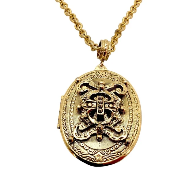 1960s Whiting & Davis Large Locket Necklace 27 in Victorian Revival Antiqued