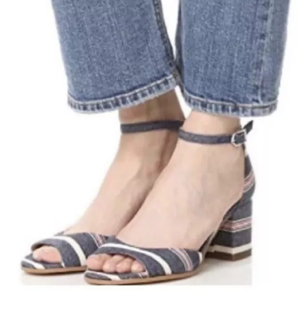 Sam Edelman Susie Stripe Denim Blue Heel Slingback Open Toe Blue Sandals Sz 8