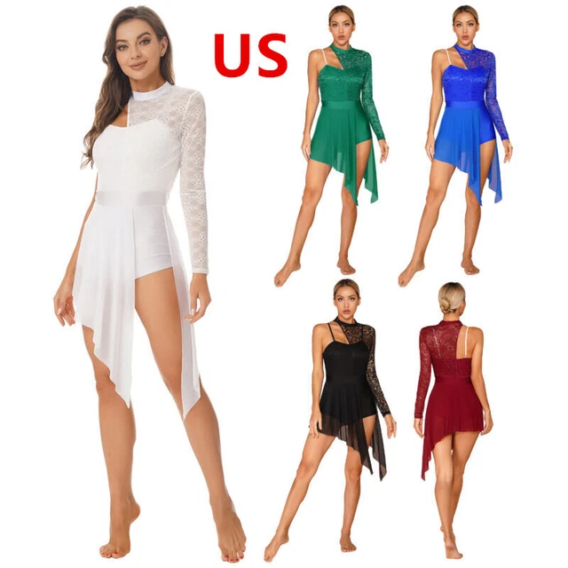 US Women Ice Skating Dresses Long Sleeve Lace Mesh Leotard Ballet Dance Costume