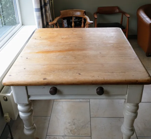 Vintage Square Farmhouse Table with Drawer Rustic Chunky Solid Wood Shabby Chic