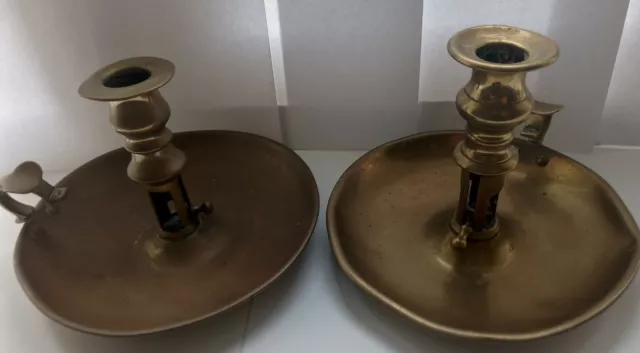 ANTIQUE PAIR, GEORGIAN BRASS CHAMBER STICKS  c1790 .