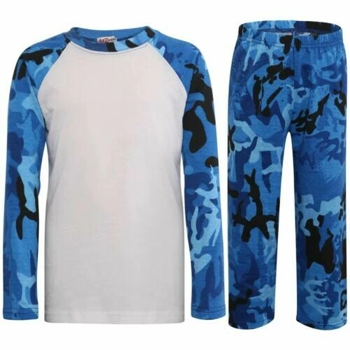 Bambine Ragazzi Pigiama Camouflage Blu Contrasto Maniche Moda Pigiama 2-13 Anni