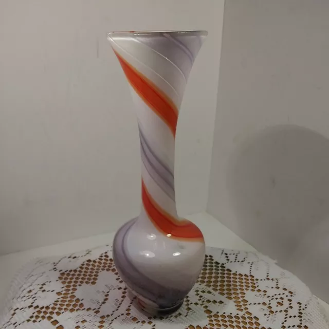 Vintage Blown Art Glass Bud Vase White Orange And Purple Swirl 8" Tall Beautiful