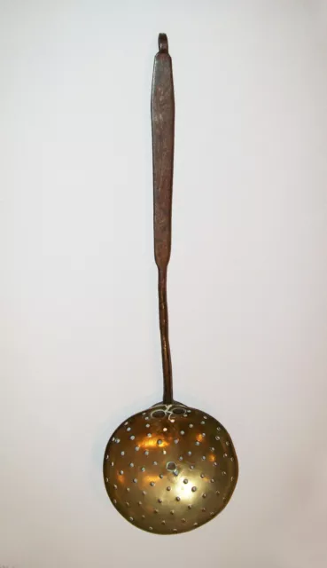 Old Antique Vtg 19th C 1800s Hand Wrought Iron and Brass Hearth Dipper Strainer