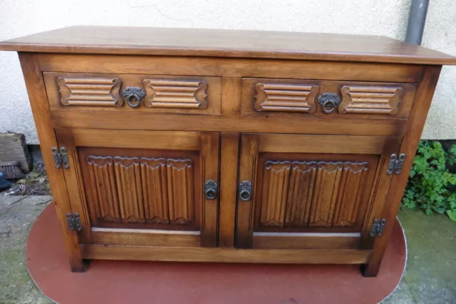 Quality Old Charm Wood Bros Carved Oak Sideboard, 2 Drawers 2 Doors, Tidy Item.