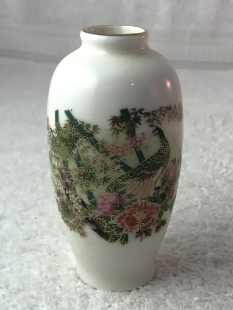 Vintage OMC Otagiri Porcelain 4" Flower Bud Vase Peacock Flowers Japan