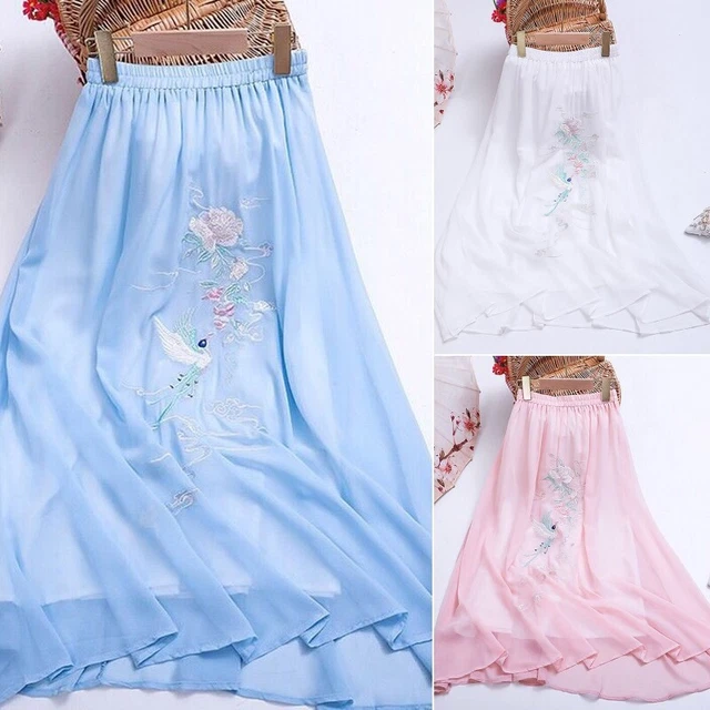 Donna Chiffon Midi Gonne Floreale Ricamo Elastico Vita Ttang Abito Rétro