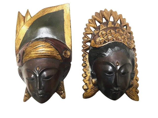 Balinese Man Woman Faces Carved Wood Masks BALI Wall Art Sculpture￼ 7-in 2 pcs