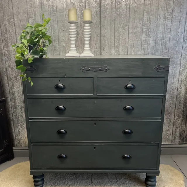 ANTIQUE Rustic Shabby Chic Painted Chest Of Drawers Annie Sloan Dark Green