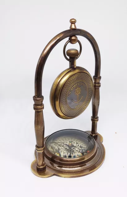 Nautisch Antik Messing Viktorianisch Tisch Uhr Mit Kompass Auf Sockel Heim Dekor