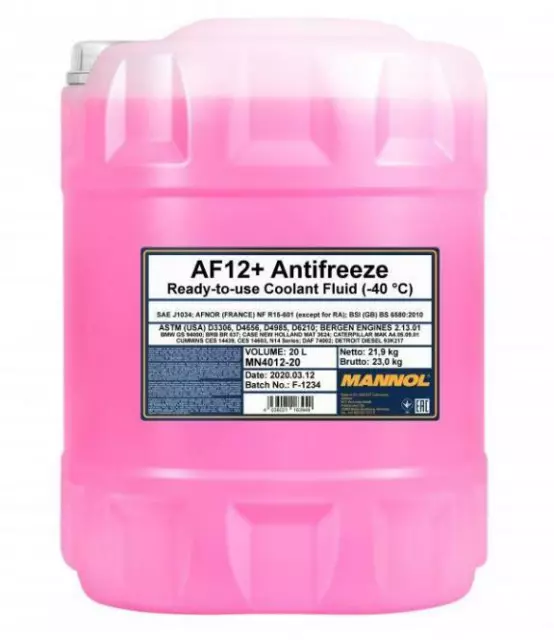 20L MANNOL Antifreeze Coolant Fluid AF12+ Red Ready To Use Mixed Long Life -40