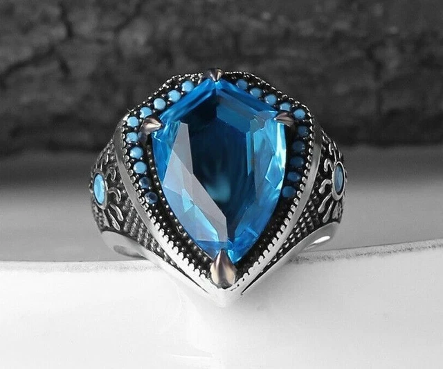 Bague pour homme aigue-marine faite à la main en argent sterling 925 avec...