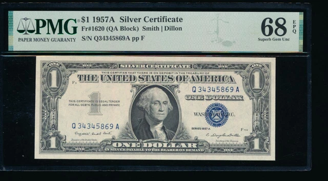 AC 1957A $1 Silver Certificate PMG 68 EPQ Q-A block Fr 1620 .. Superb Gem!