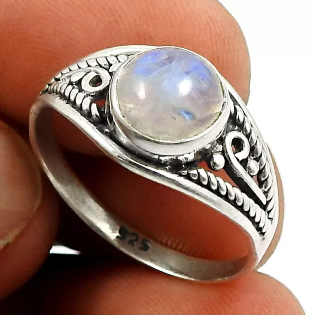 Natural Rainbow Moonstone Solitaire Boho Ring Size 9.5 925 Silver For Girls I9