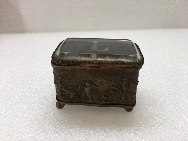 Boîte à Bijoux Ancienne En Laiton Et Verre Biseauté - Motif Hôtel De Ville De Paris