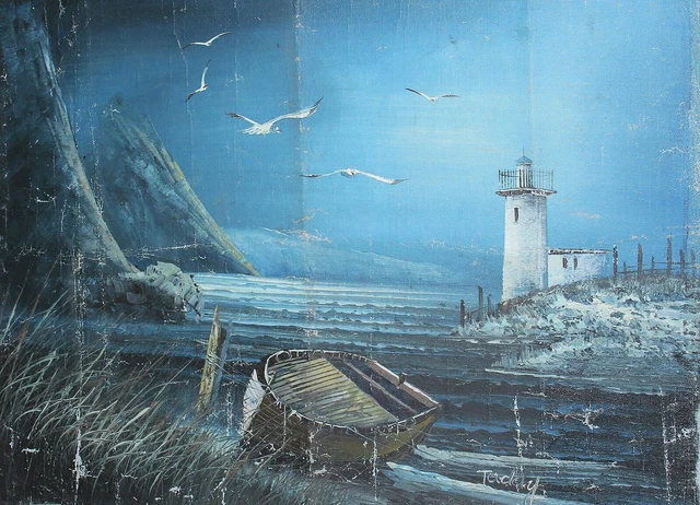 Vintage oil painting lighthouse & boat night landscape, seascape