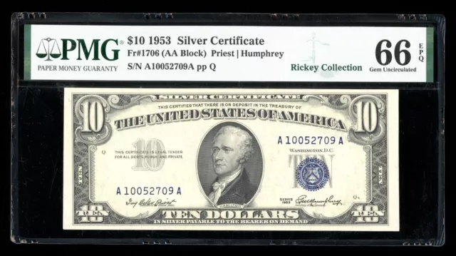 DBR 1953 $10 Silver Gem Fr. 1706 PMG 66 EPQ Serial A10052709A