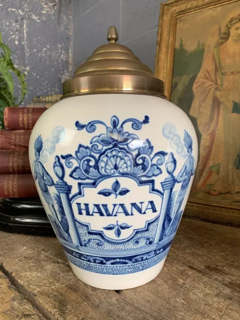 Antique Porcelain Dutch Delft Havana Cigar Tobacco Jar Hand Painted Brass RARE B