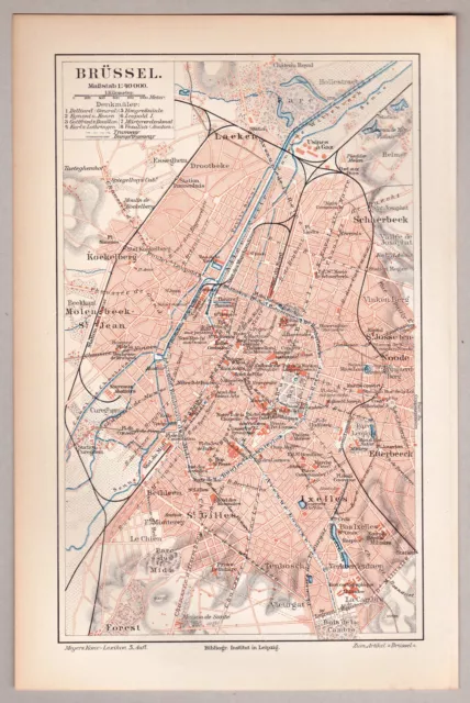 Brüssel, Bruxelles - Alte Karte, Stadtplan - Lithographie  1898