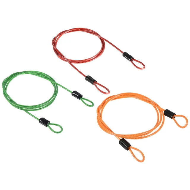 Security Cable 2.5mmx1m Coated Rope w Loop Green,Orange,Red 3Pcs