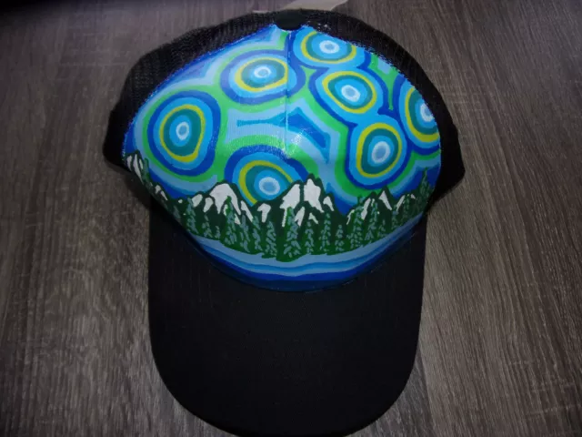 New Beautiful Hand Painted Snow Capped Mountains Sun Trees River Trucker Hat NWT
