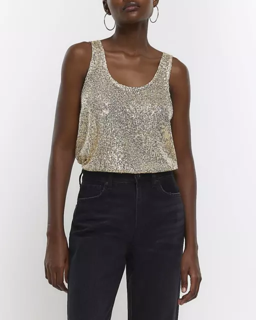 River Island Womens Gold Sequin Sleeveless Shell Top Size 16