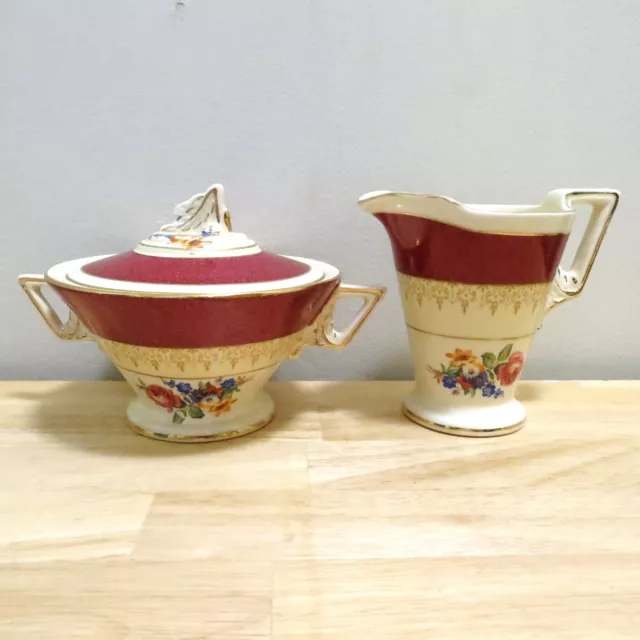 Creamer and Sugar Bowl Burleigh Ware Burgess & Leigh 5594 Burgundy  Zenith Shape