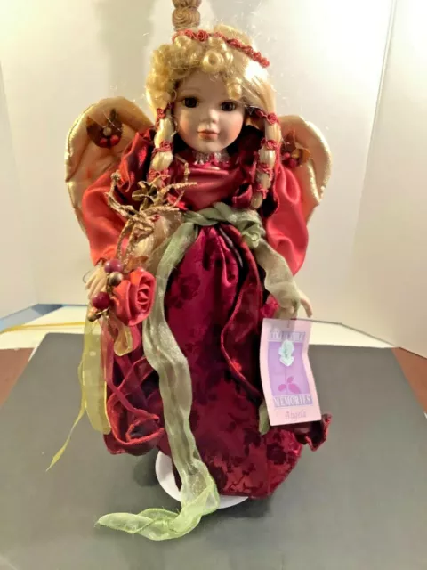 Porcelain Doll 17" Angela Red Satin Dress Gold Wings Doll w/Stand
