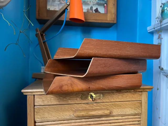 1 Vintage Mid Century Mallod Bent Teak Wood Filing Tray Bentwood Office 3