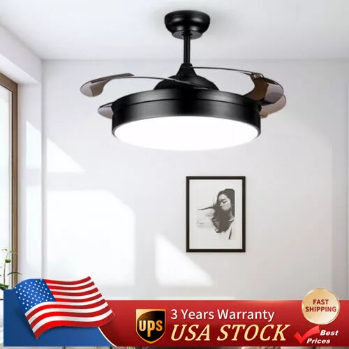 Retractable Invisible Ceiling Fan Light LED 3-Color Home Chandelier Lamp+ Remote