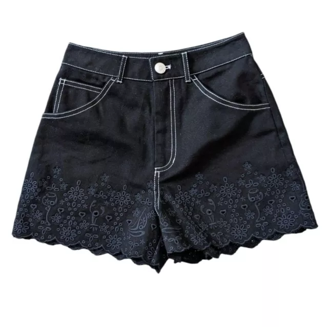 STAUD Noemie Embroidered Black Denim Jean Shorts High Rise Scallop Cotton Size 2