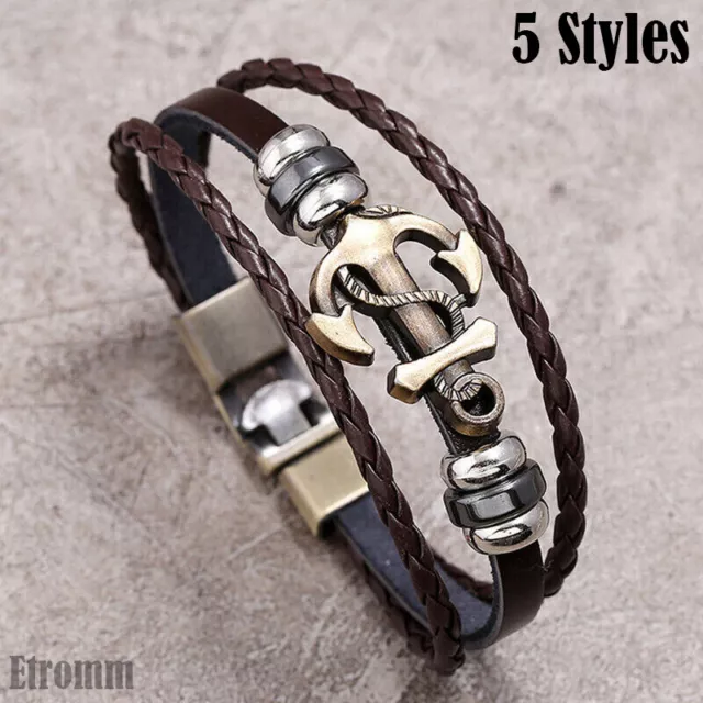 Mens Womens Braided Leather Bracelet Stainless Steel Clasp Wristband Jewelry Set