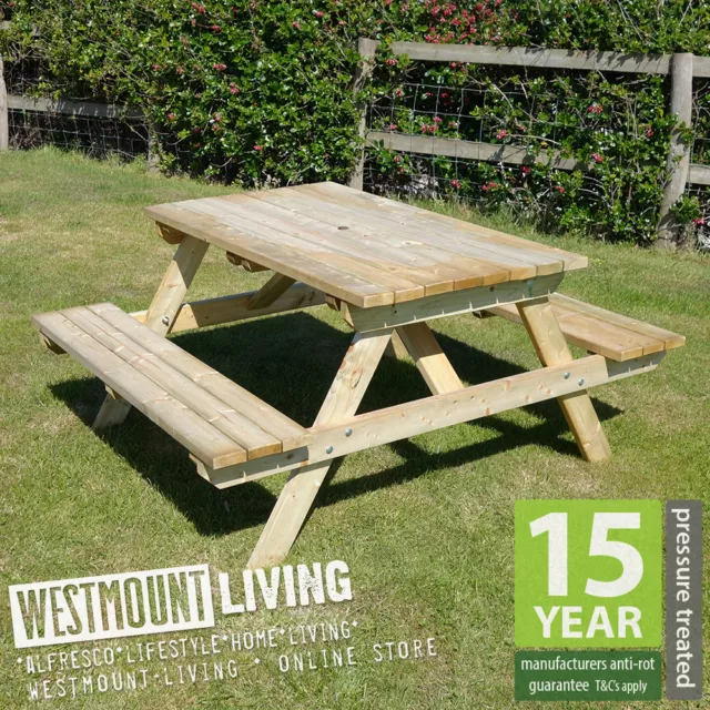 6Ft Wooden Garden Picnic Bench Pub Table Eight Seater Pressure Treated 6 Ft