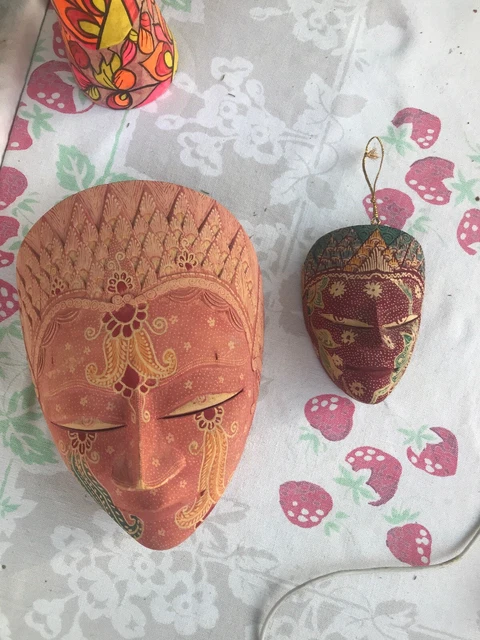 Pair Of WOODEN Indonesian MASKs - BEAUTIFUL Colors - 8 Inches + 4 Inches