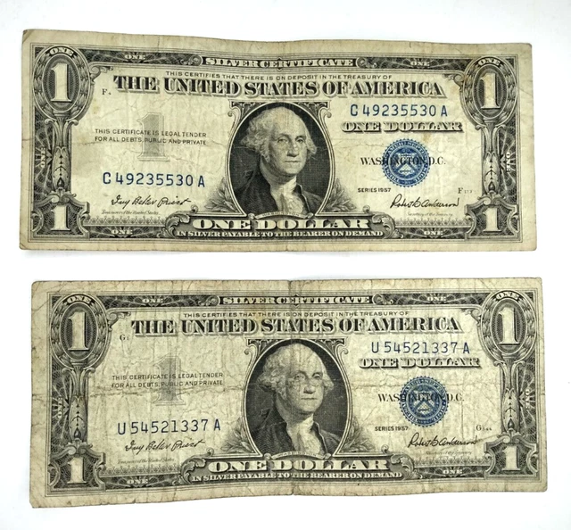 Lot of Two One Dollar Silver Certificates with Blue Seal Series 1957 in Sleeves