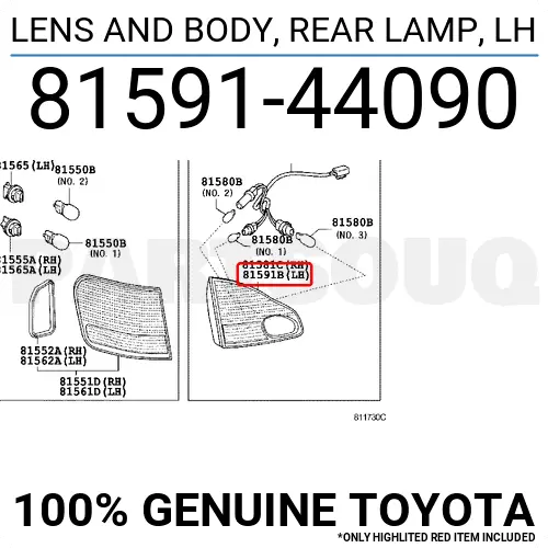 8159144090 Genuine Toyota LENS AND BODY, REAR LAMP, LH 81591-44090 OEM