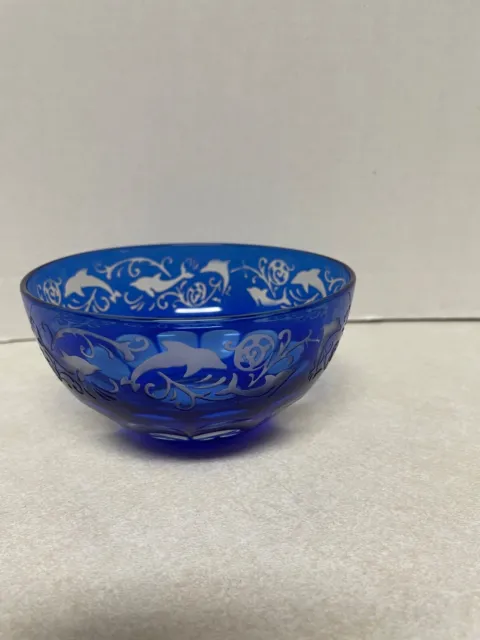 Vintage Cobalt Blue Glass Cut to Clear Bowl with Dolphins 4 1/2"