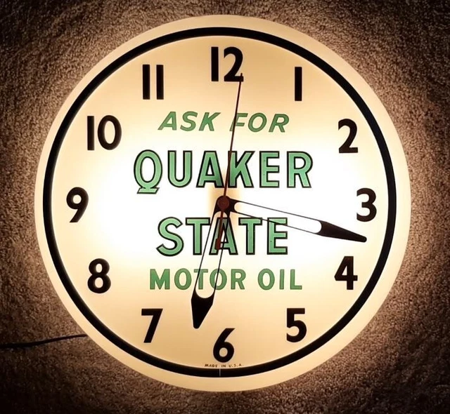 1950'S VINTAGE ASK For Quaker State Motor Oil Illuminated Wall Clock