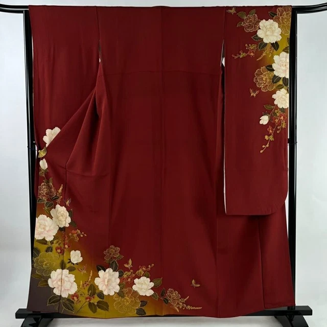 Japanese Kimono Furisode Pure Silk Moutan Butterfly Gold Paint Foil Madder Red